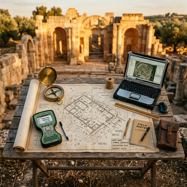 Site assessment map spread on a survey table at a heritage location