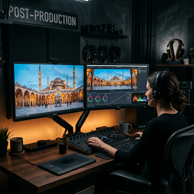 Post-production workstation displaying 360° image editing software