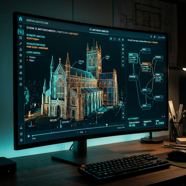 Digital development interface showing tour node graph and hotspot placement